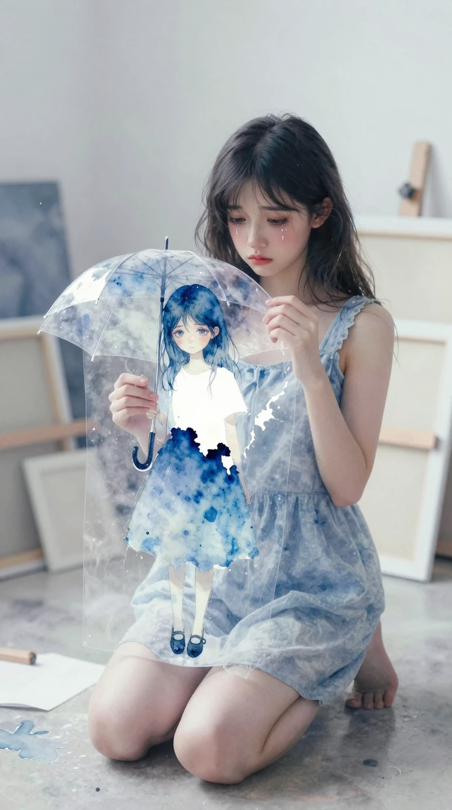Kneeling girl holding a torn watercolor illustration