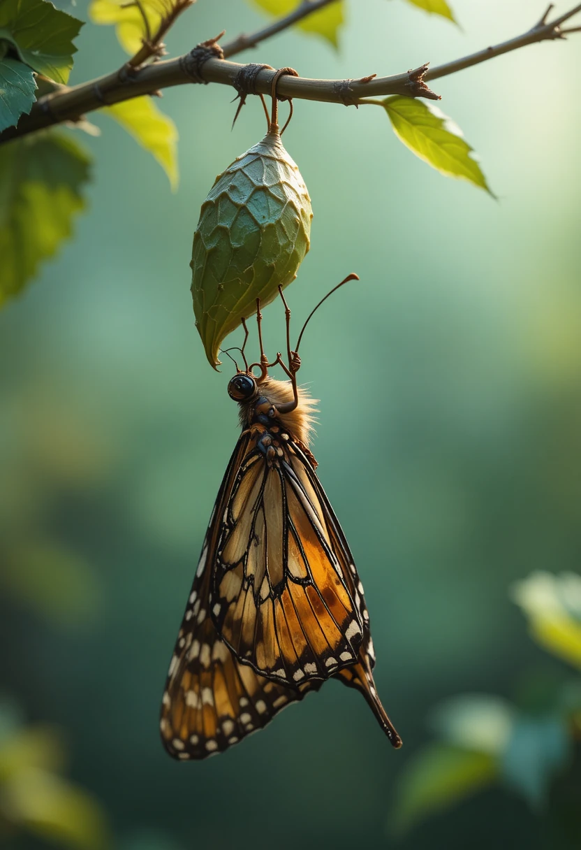 Mariposa saliendo del capullo en una rama en suave entorno natural
