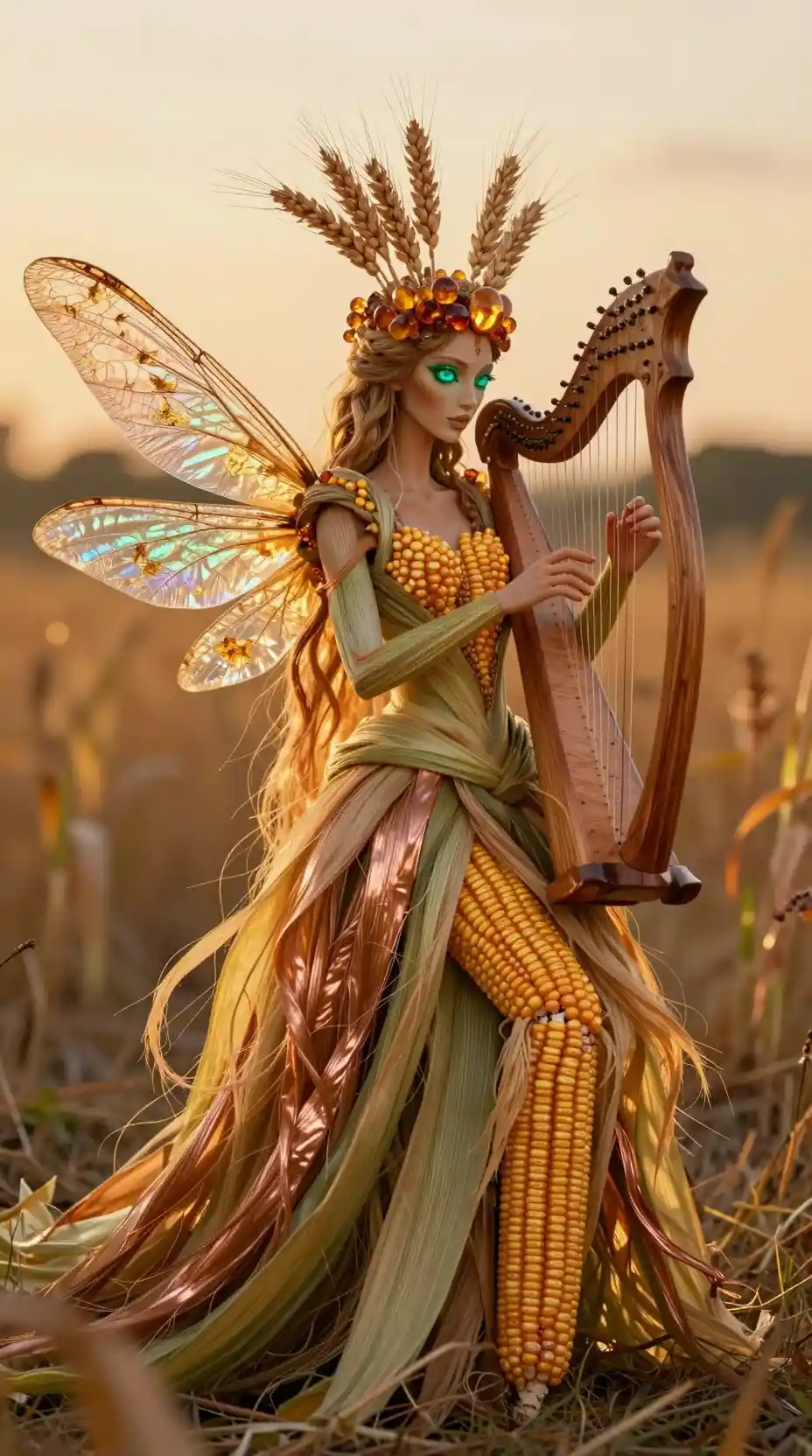 Ätherische Erntegöttin spielt Harfe im herbstlichen Feld