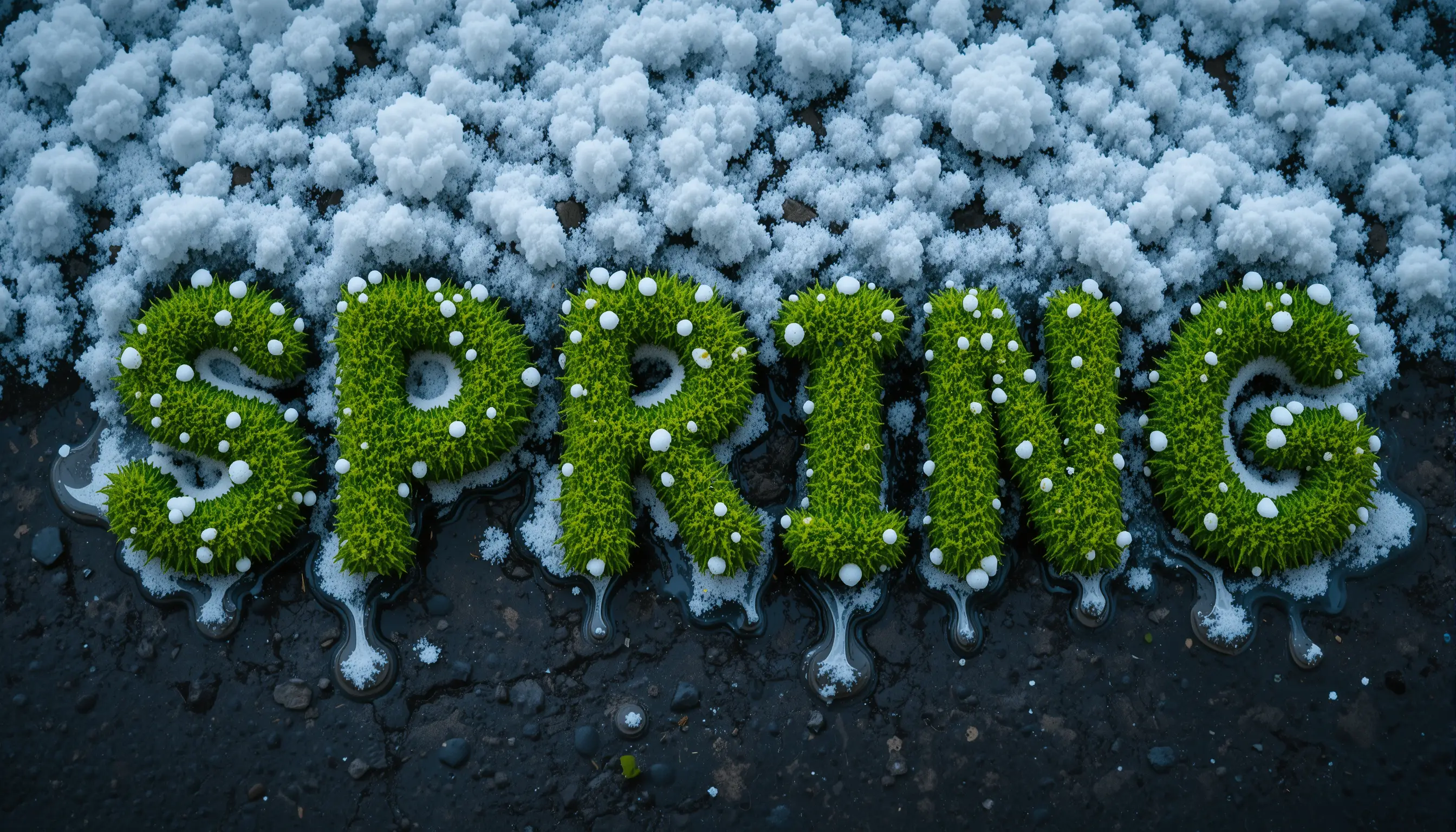 Nahaufnahme von „Frühling“ in russischen Buchstaben unter schmelzendem Schnee