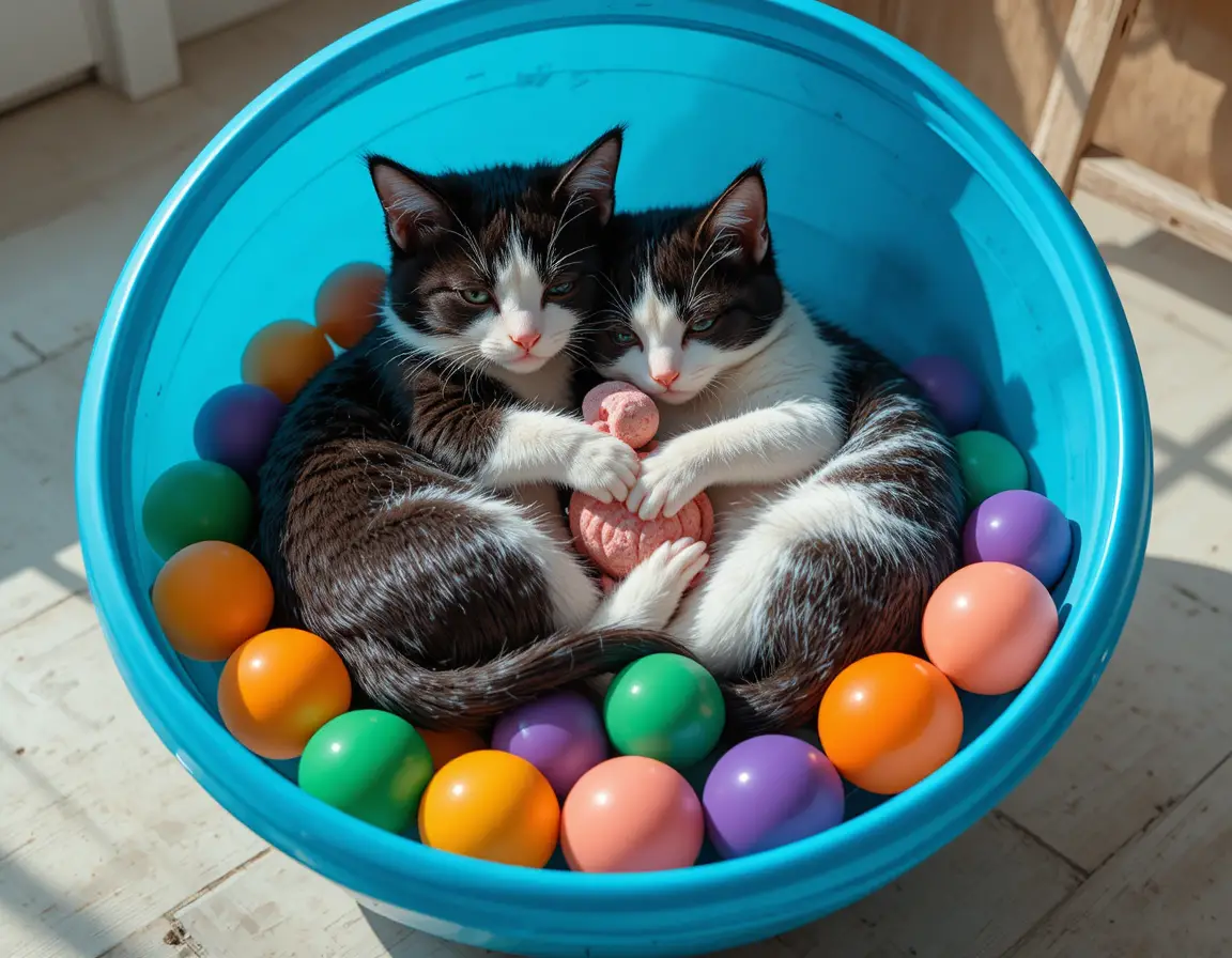 Sleeping black and white kittens curled in a blue bowl