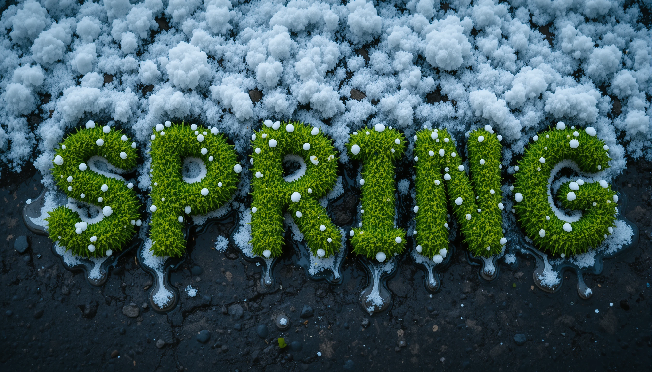 Nahaufnahme von „Frühling“ in russischen Buchstaben unter schmelzendem Schnee