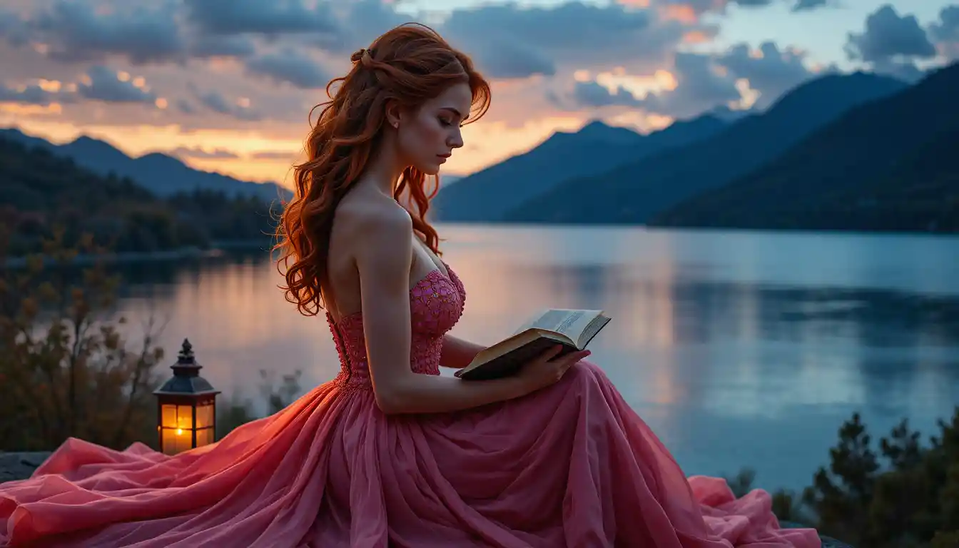 Elegante donna dai capelli rossi che legge sulla riva di un lago tranquillo