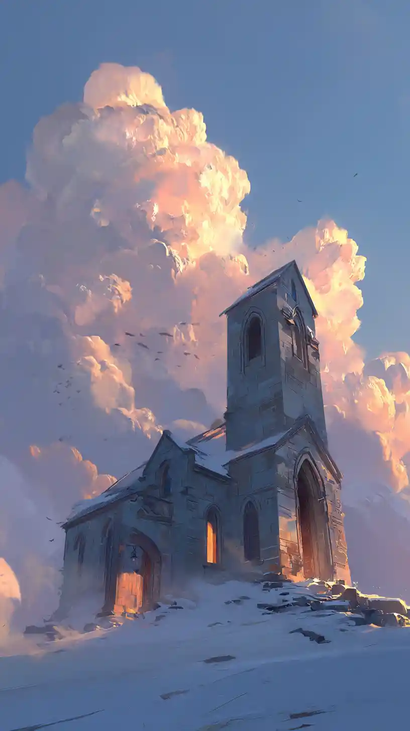 Solitary Stone Church Floating On Sunrise Cloudscape