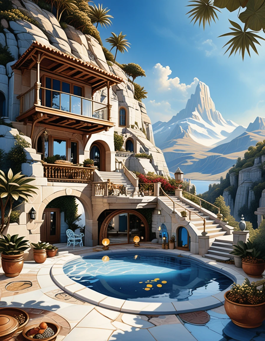 Casa-caverna de luxo em paisagem montanhosa fantástica e exuberante