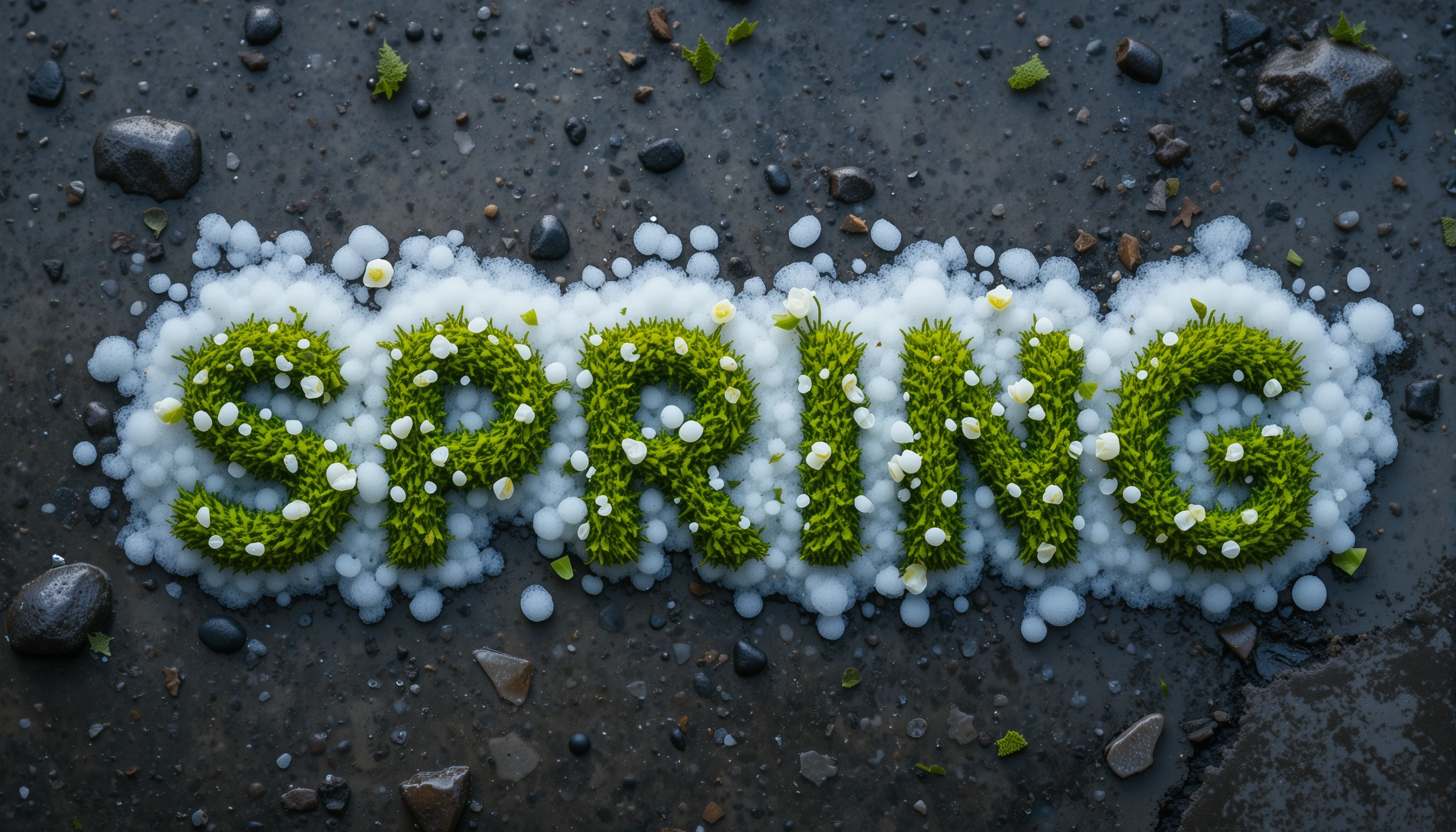 Nahaufnahme des Wortes Frühling in Moos und Schneeglöckchen