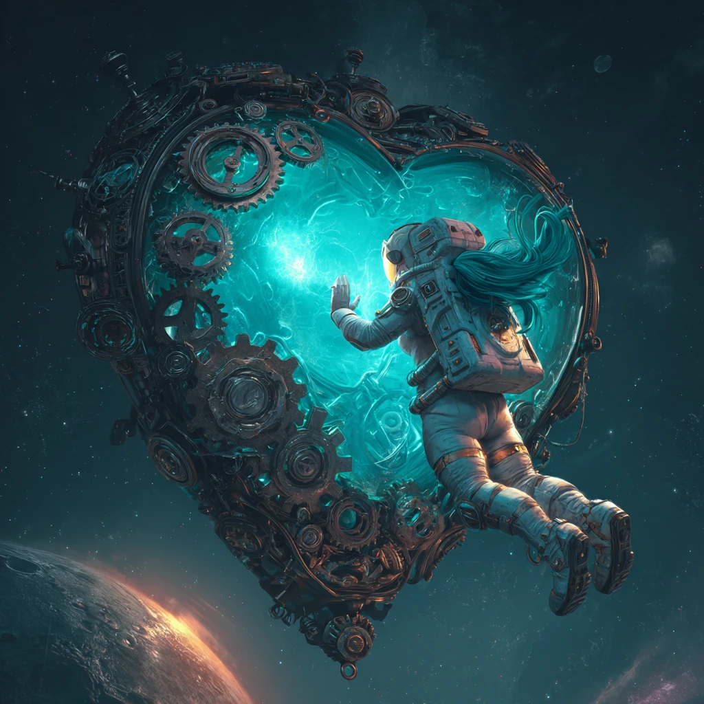 Astronauta che tende la mano verso un gigantesco cuore steampunk nello spazio