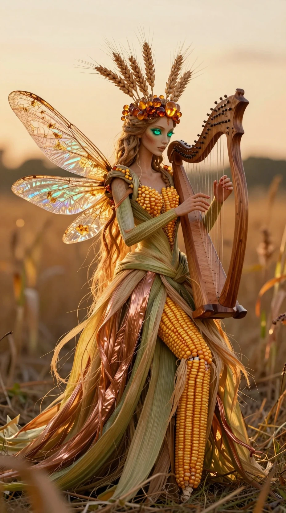 Ethereal harvest goddess playing harp in autumn field