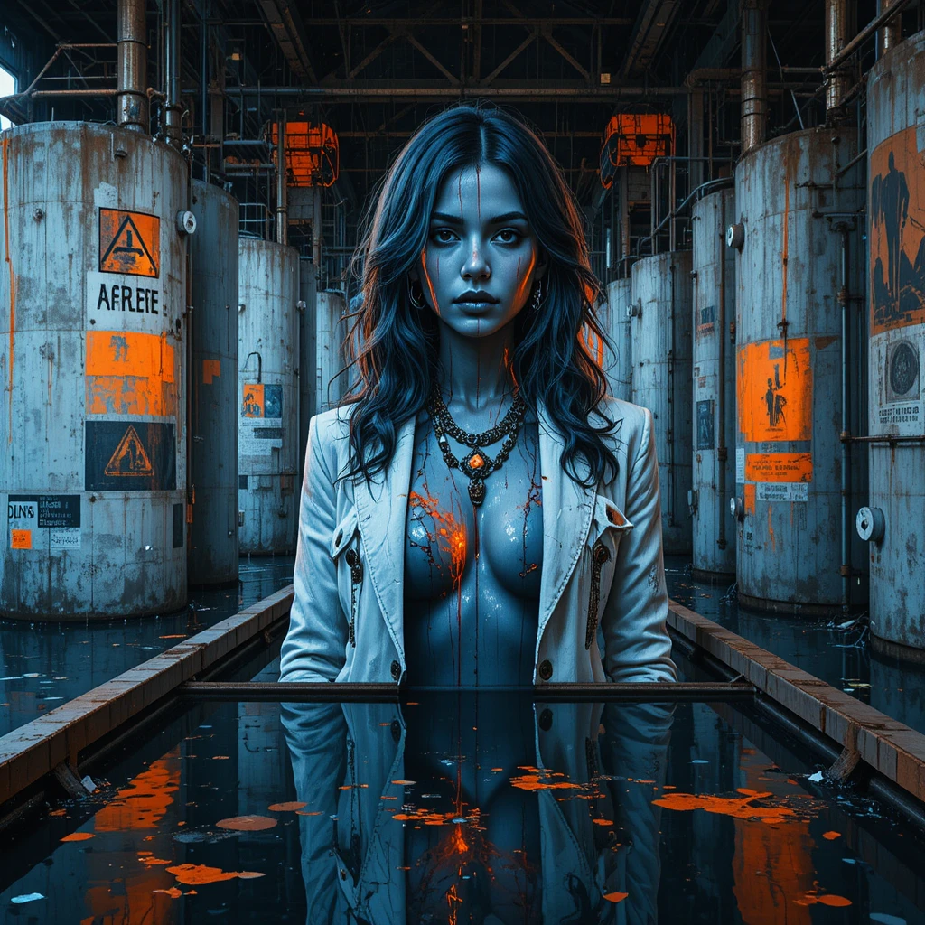Glitch art mural portrait of a woman in industrial ruins