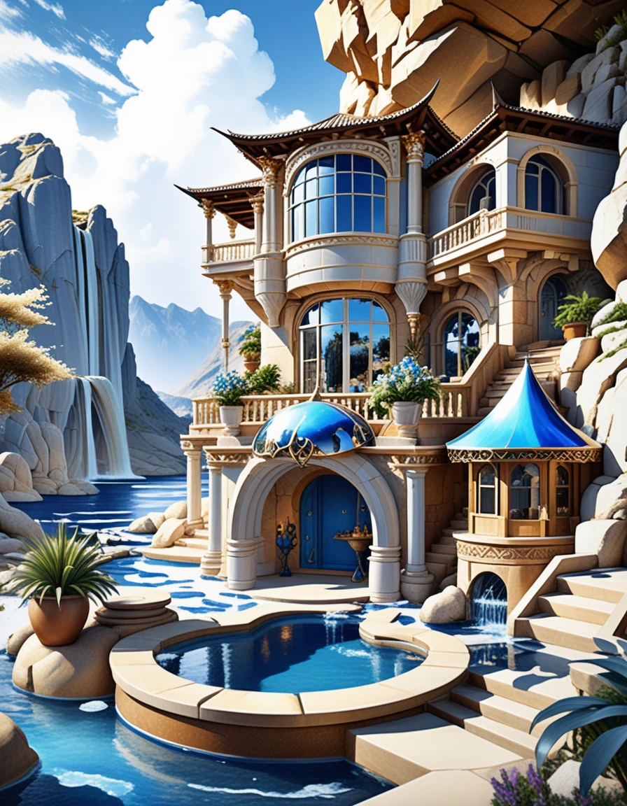 Casa caverna de luxo em uma exuberante paisagem montanhosa de fantasia