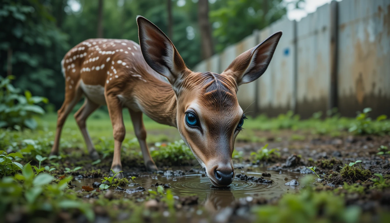 Jovem veado-sika pastando junto a uma poça lamacenta em meio ao verde