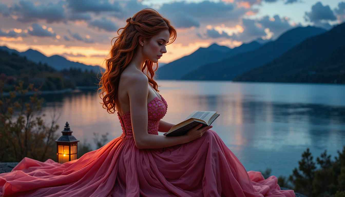 Elegante mujer pelirroja leyendo junto a un lago tranquilo