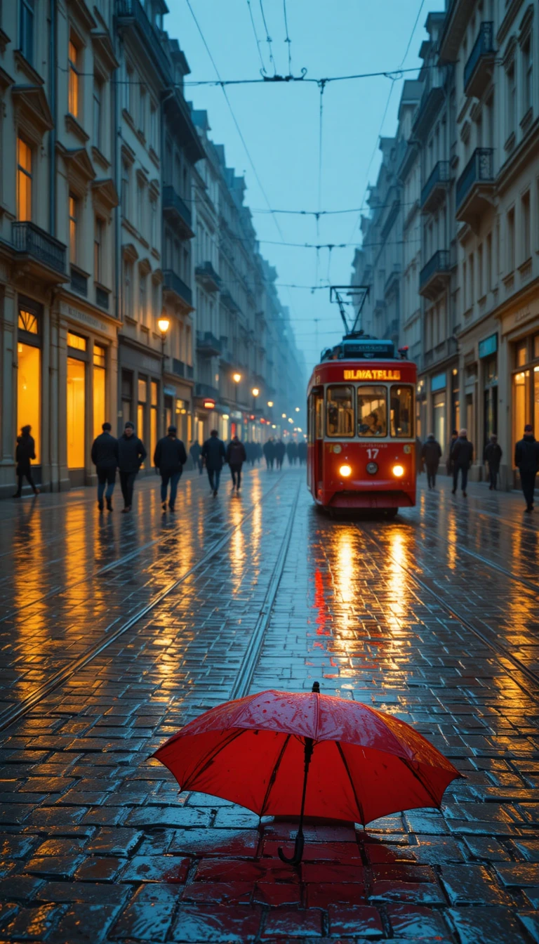Tram rouge traversant une rue pavée européenne sous la pluie