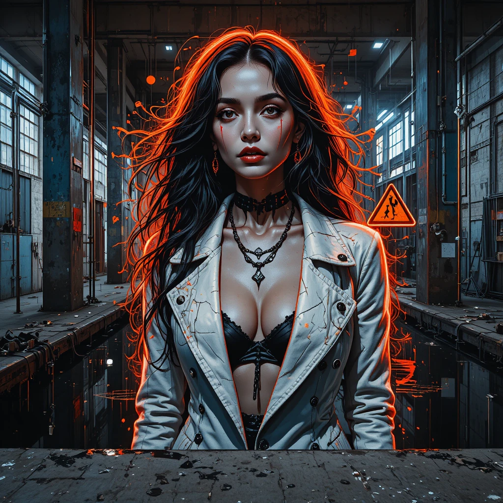 Glitch mural portrait of a woman in industrial ruins