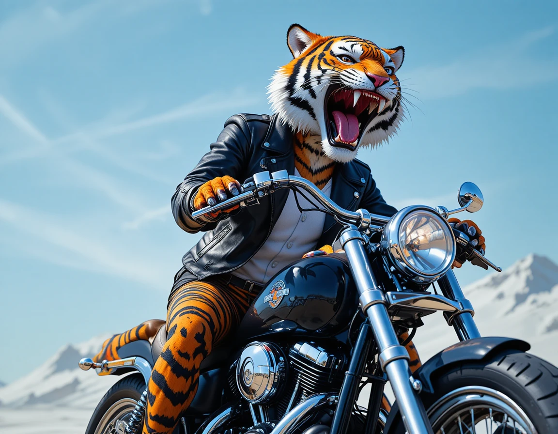 Anthropomorphic Tiger On Vintage Motorcycle In Bright 3D Art