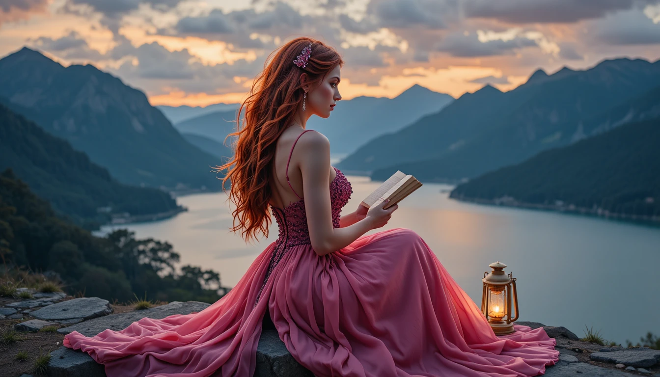 Elegante donna dai capelli rossi che legge sulla riva di un lago tranquillo