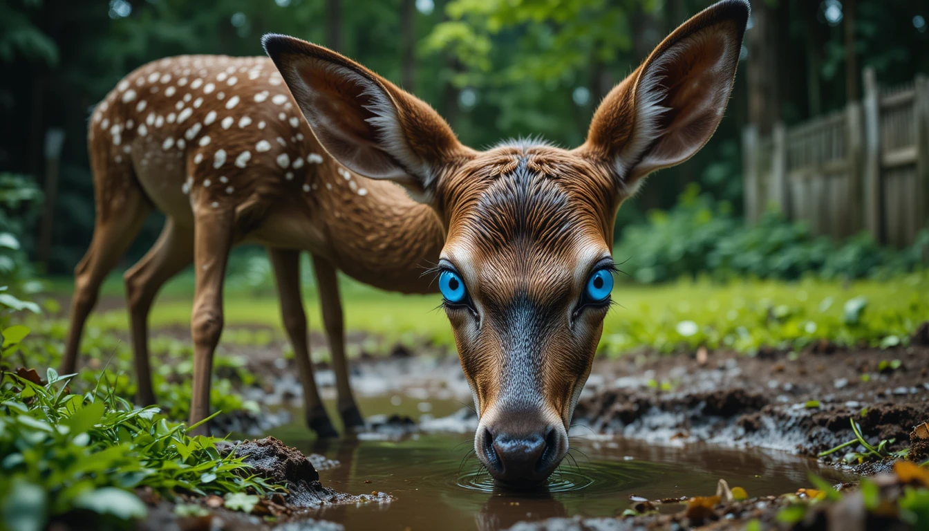Jovem veado-sika pastando em uma poça lamacenta na floresta