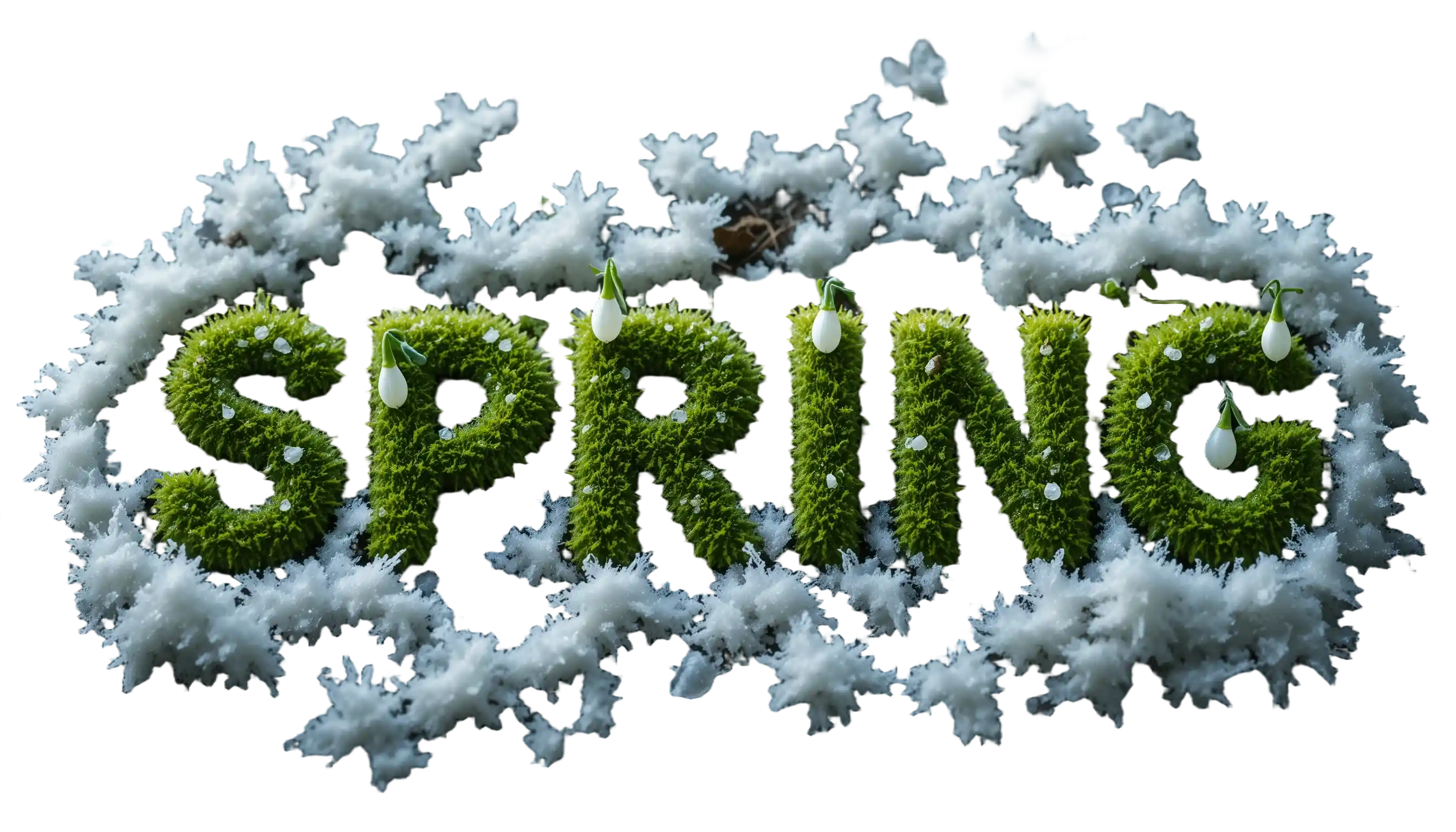 Lettres cyrilliques printanières couvertes de mousse émergeant de la neige fondante