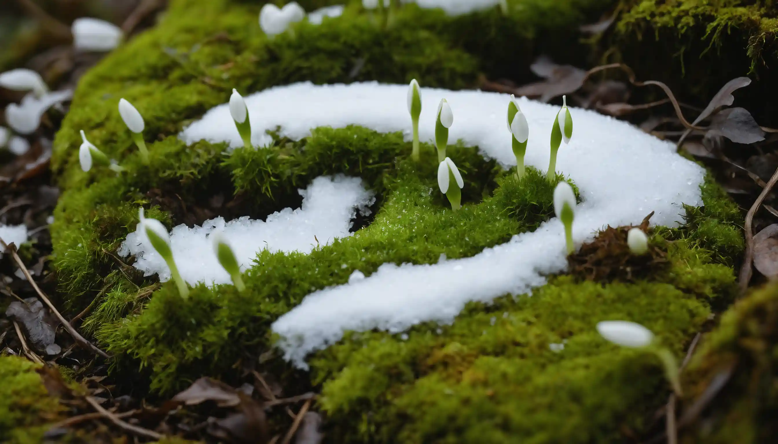 Lettrage de printemps en mousse verte avec perce-neige dans la neige fondante
