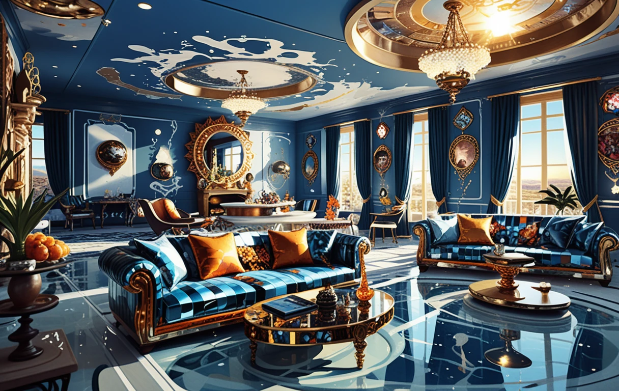 Interior de vila fantasia dark maximalista com lounge aberto
