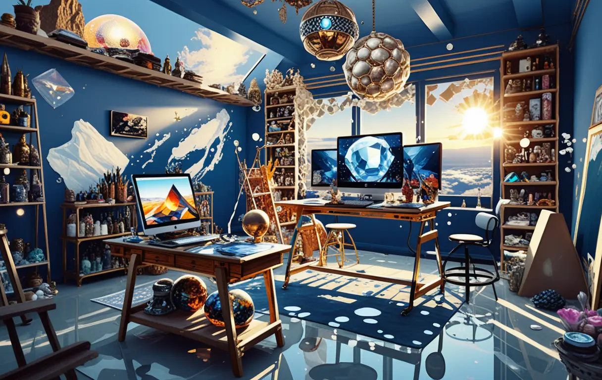 Loft studio solarpunk pieno di arte e cristalli