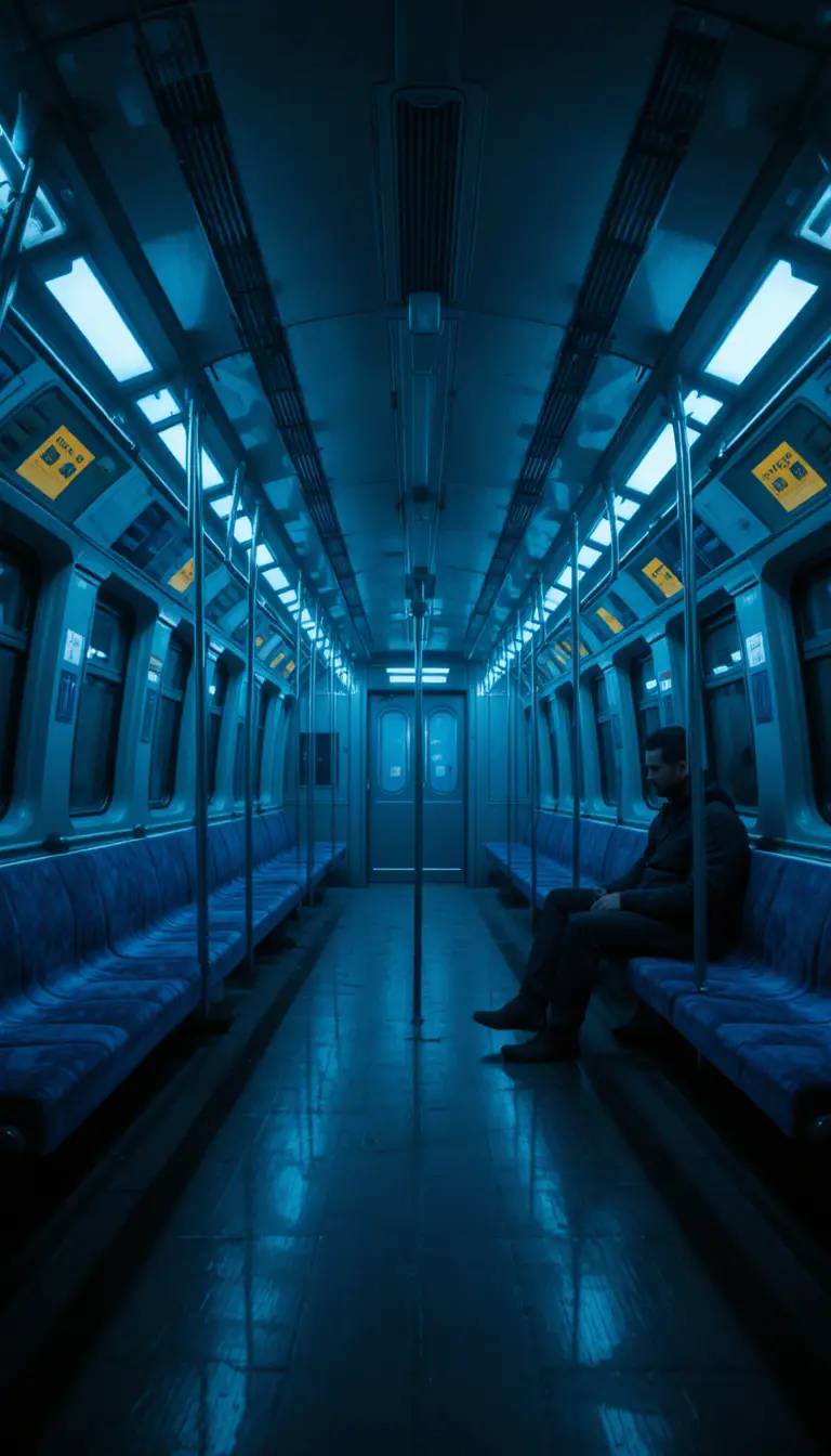 Empty subway carriage with lone passenger at midnight