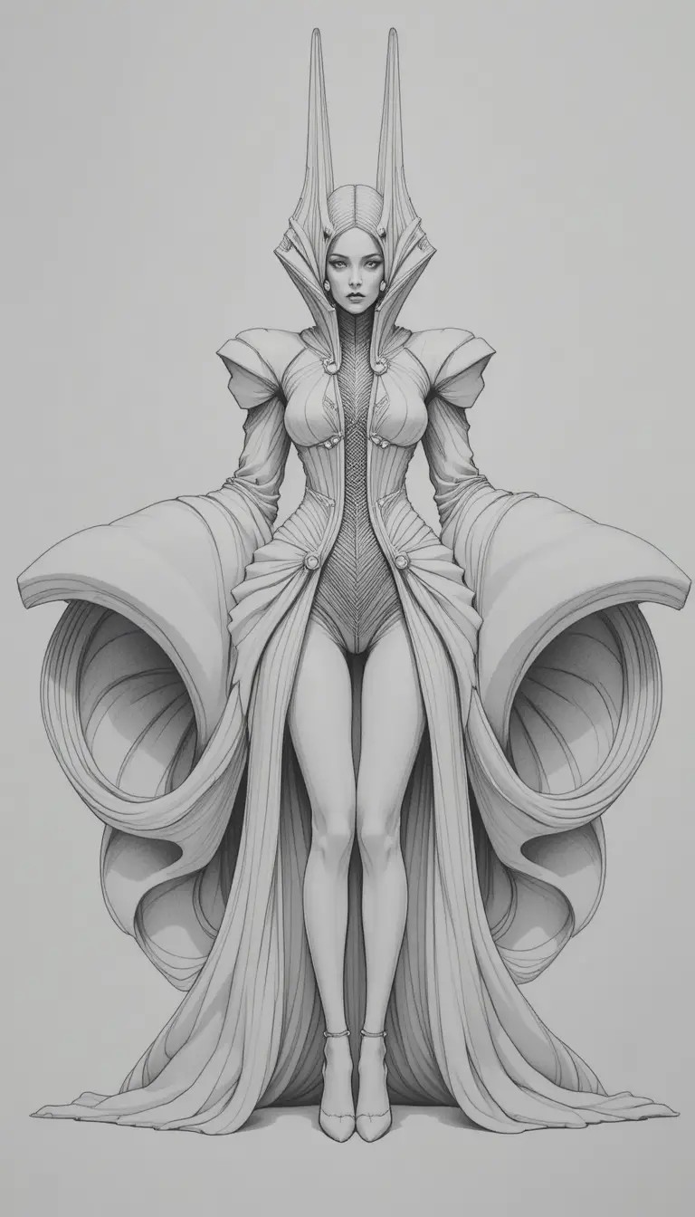 Avant garde fashion figure with sculptural symmetrical costume