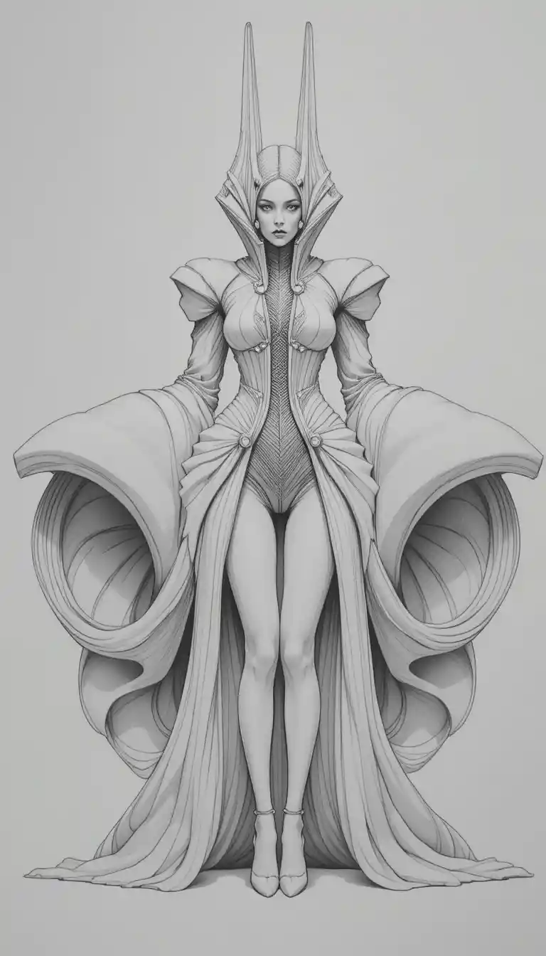 Avant garde fashion figure with sculptural symmetrical costume