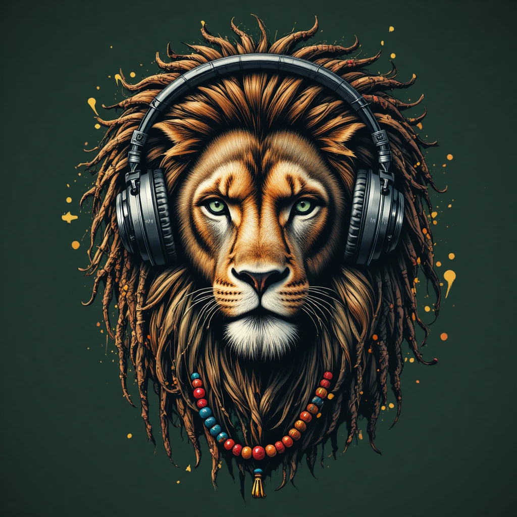 Löwe mit Dreadlocks und Kopfhörern auf dunkelgrünem T‑Shirt