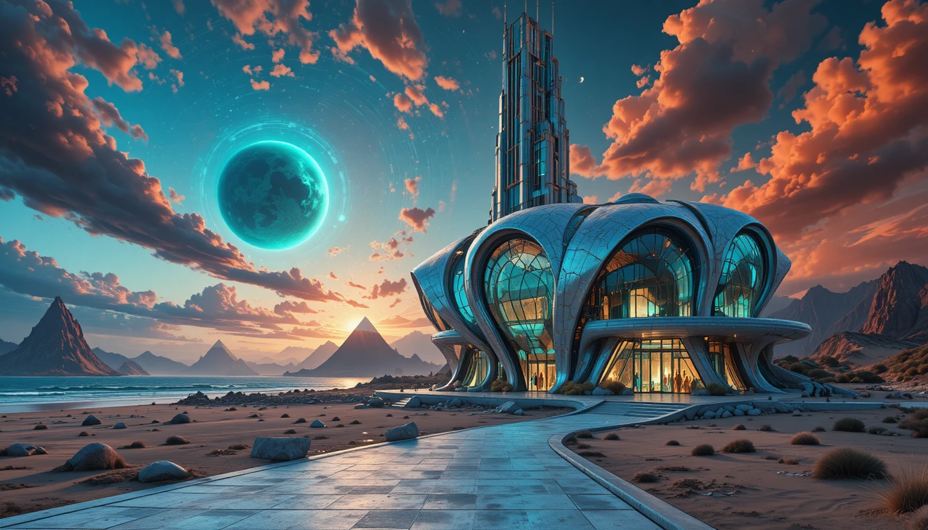 Maison de Plage 3D Futuriste sous une Planète Géante