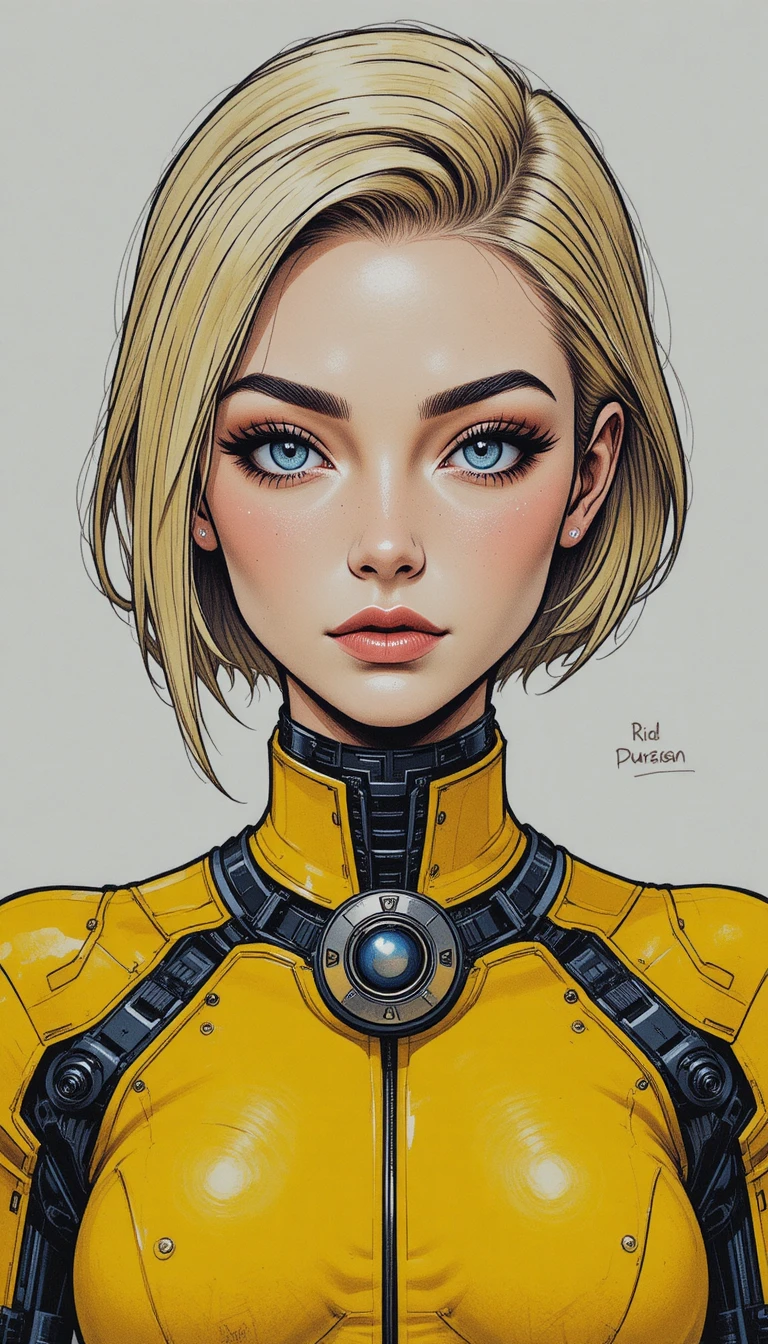Futuristic anime woman portrait in yellow cybernetic bodysuit
