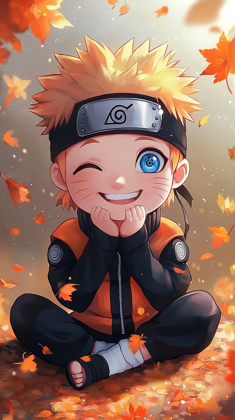 Fofo garoto anime chibi sorrindo entre pétalas de flores flutuantes