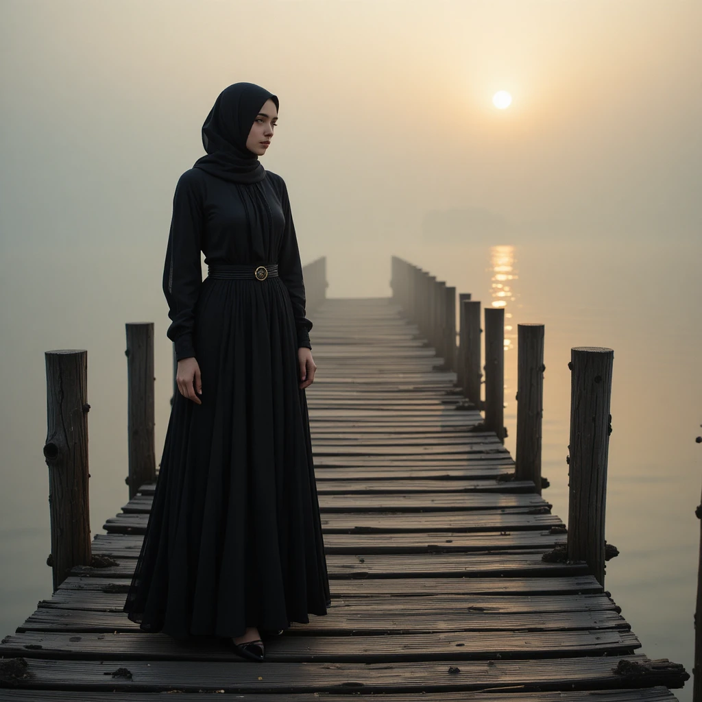 Mulher velada sozinha em um píer ao nascer do sol