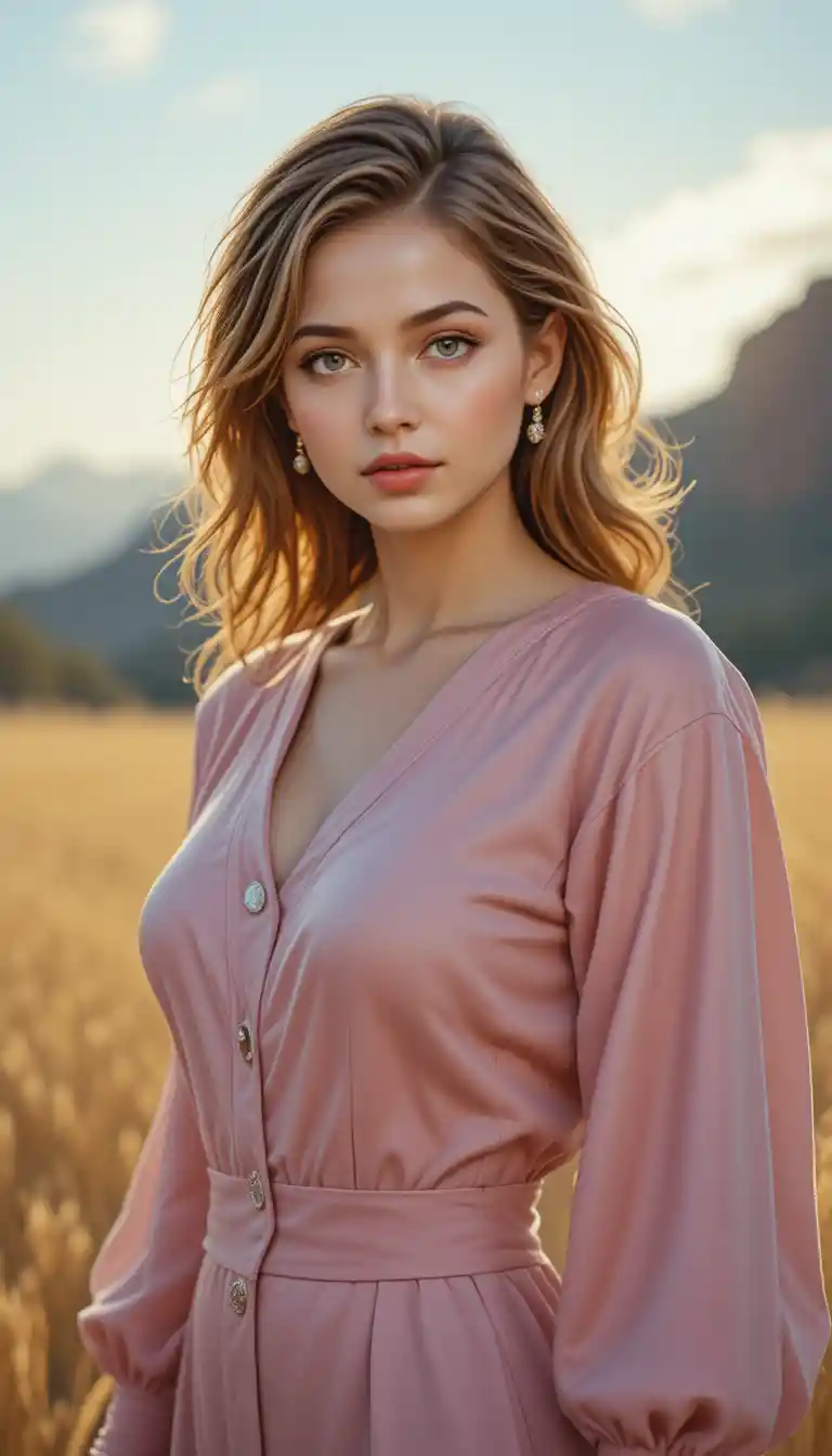Confident woman in sunlight with cinematic studio backdrop