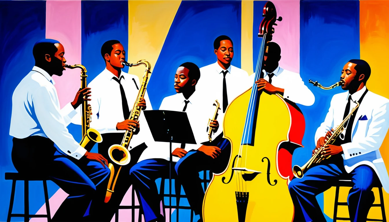 Trio de jazz de músicos em uma colorida pintura a óleo