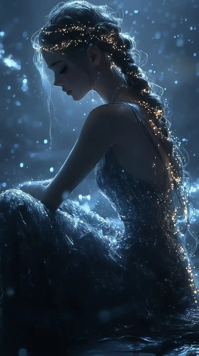 Fille d’anime aux tresses lumineuses assise dans une pièce sombre