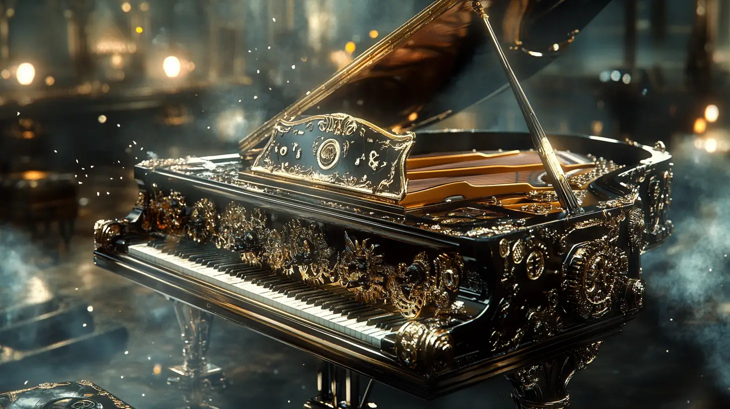 Pianoforte Steampunk con Ingranaggi e Nebbia in Scena Notturna Urbana