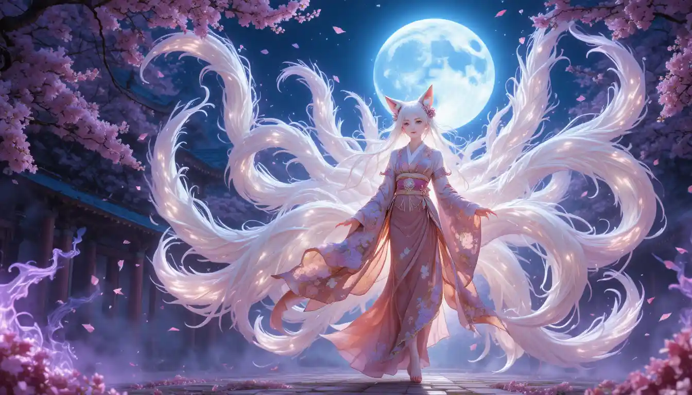 Nine tailed fox girl deity beneath glowing moonlight