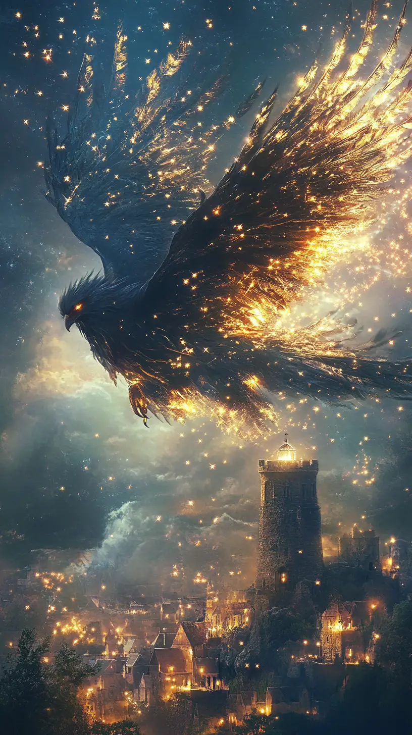 Oiseau éthéré et lumineux au sommet d’un ancien phare