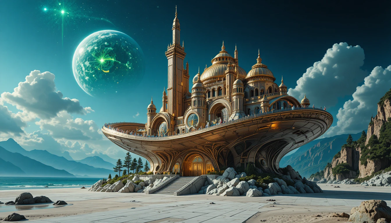 Maison de plage 3D futuriste sous un ciel sombre et nuageux