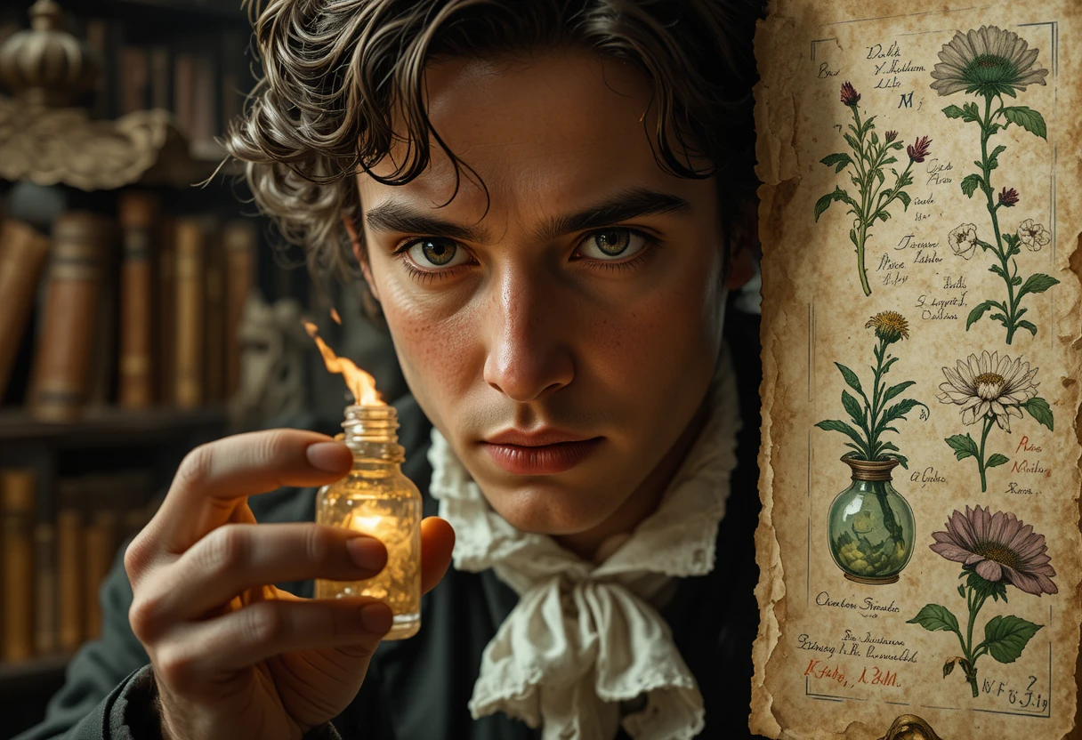 Jovem cavalheiro contemplando um elixir brilhante na biblioteca