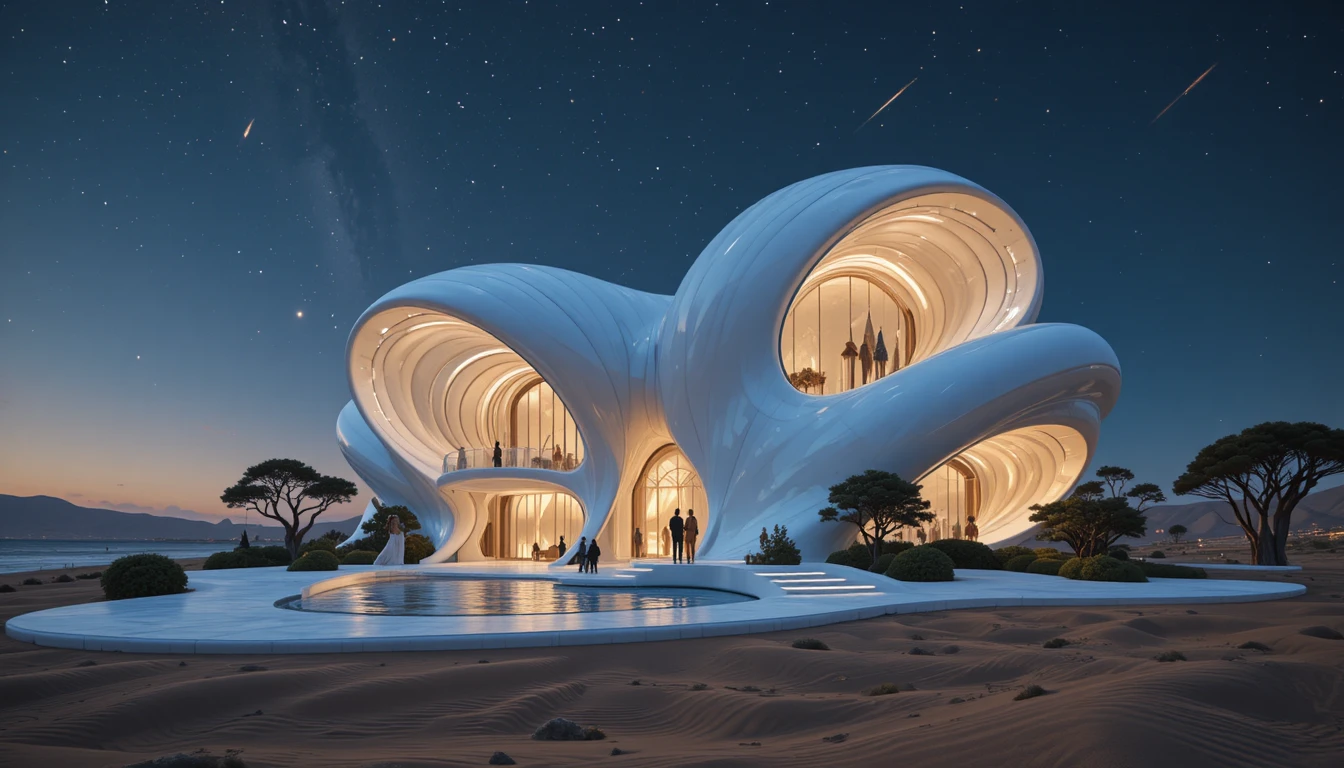 Maison futuriste organique au bord de l’océan avec jardin exotique