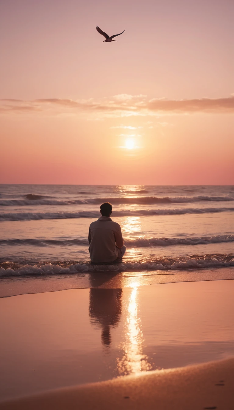 Pessoa sentada à beira-mar em uma tranquila praia ao pôr do sol