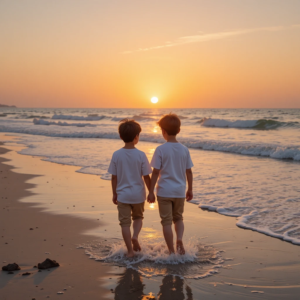 Deux enfants marchant ensemble sur la plage au coucher du soleil