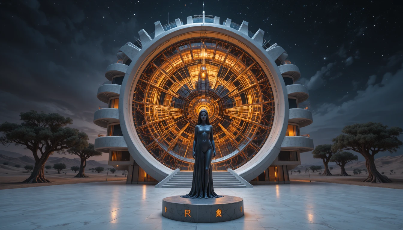 Futuristisches Spiralgebäude, das in einer ruhigen Wüste leuchtet