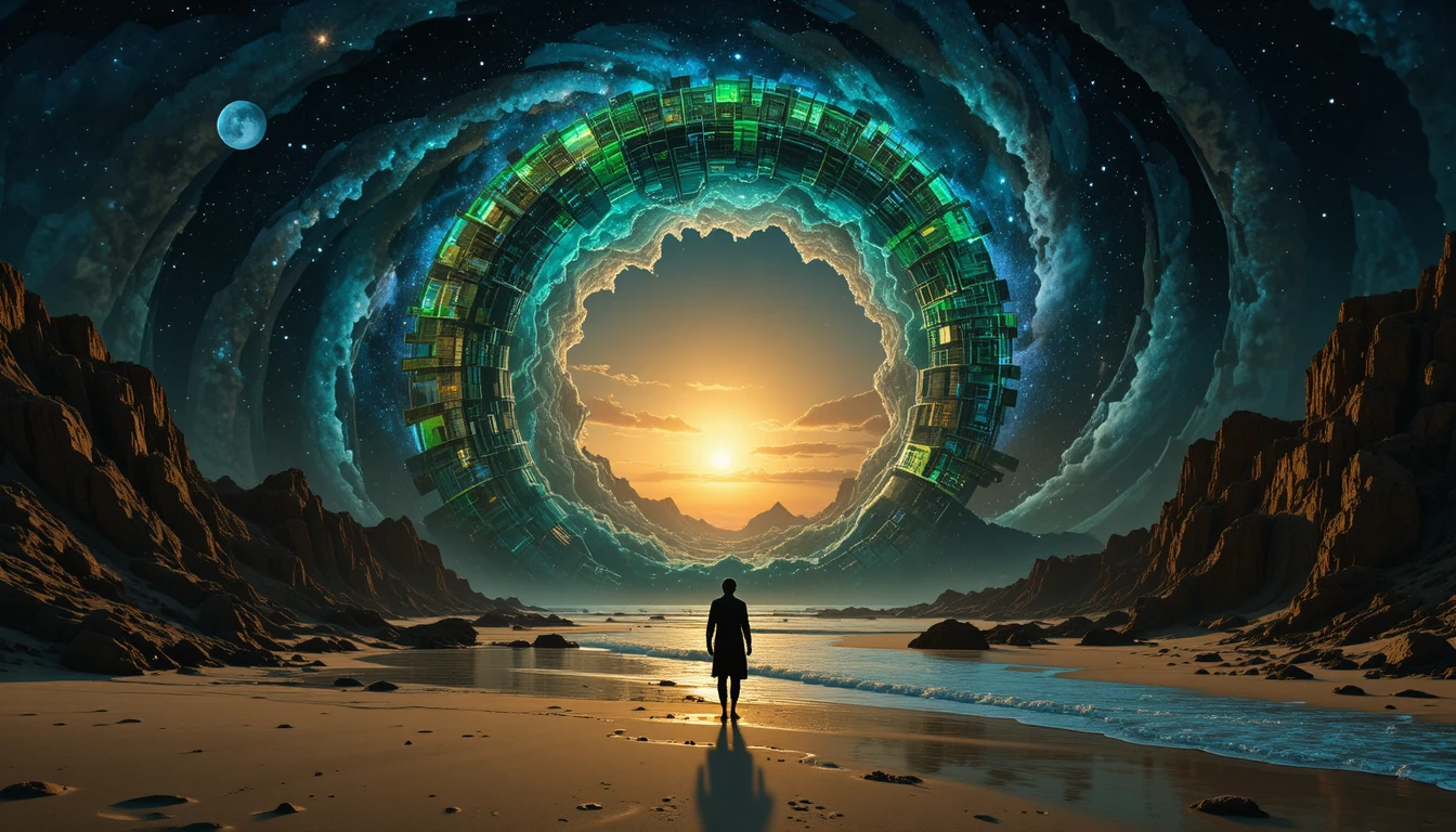 Mulher contempla galáxia fractal em espiral sobre cidade cósmica