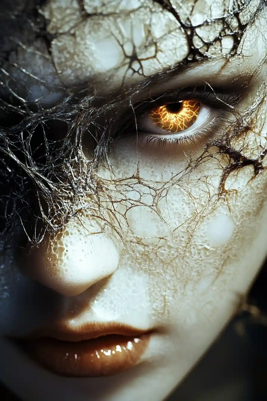 Ethereal woman portrait fused with surreal organic textures