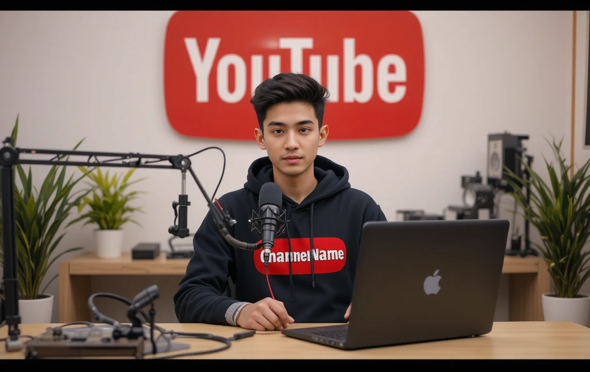 Anime boy streaming at computer desk with microphone