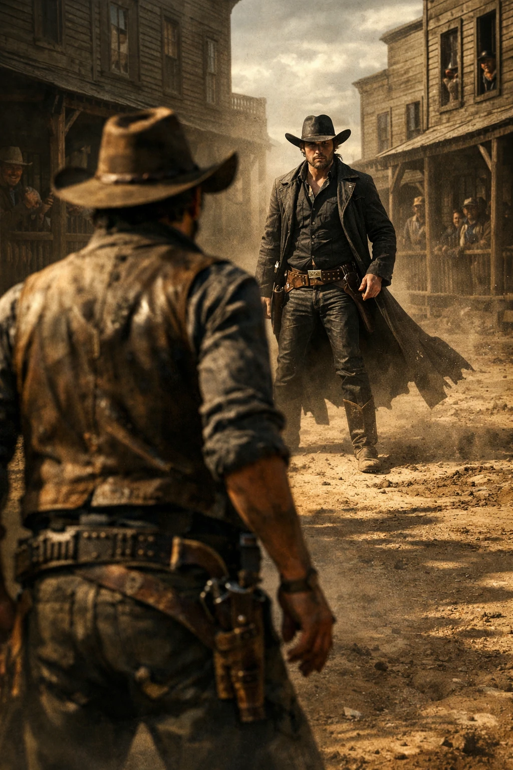 Duelo tenso de cowboys em uma rua empoeirada de uma cidade do velho oeste
