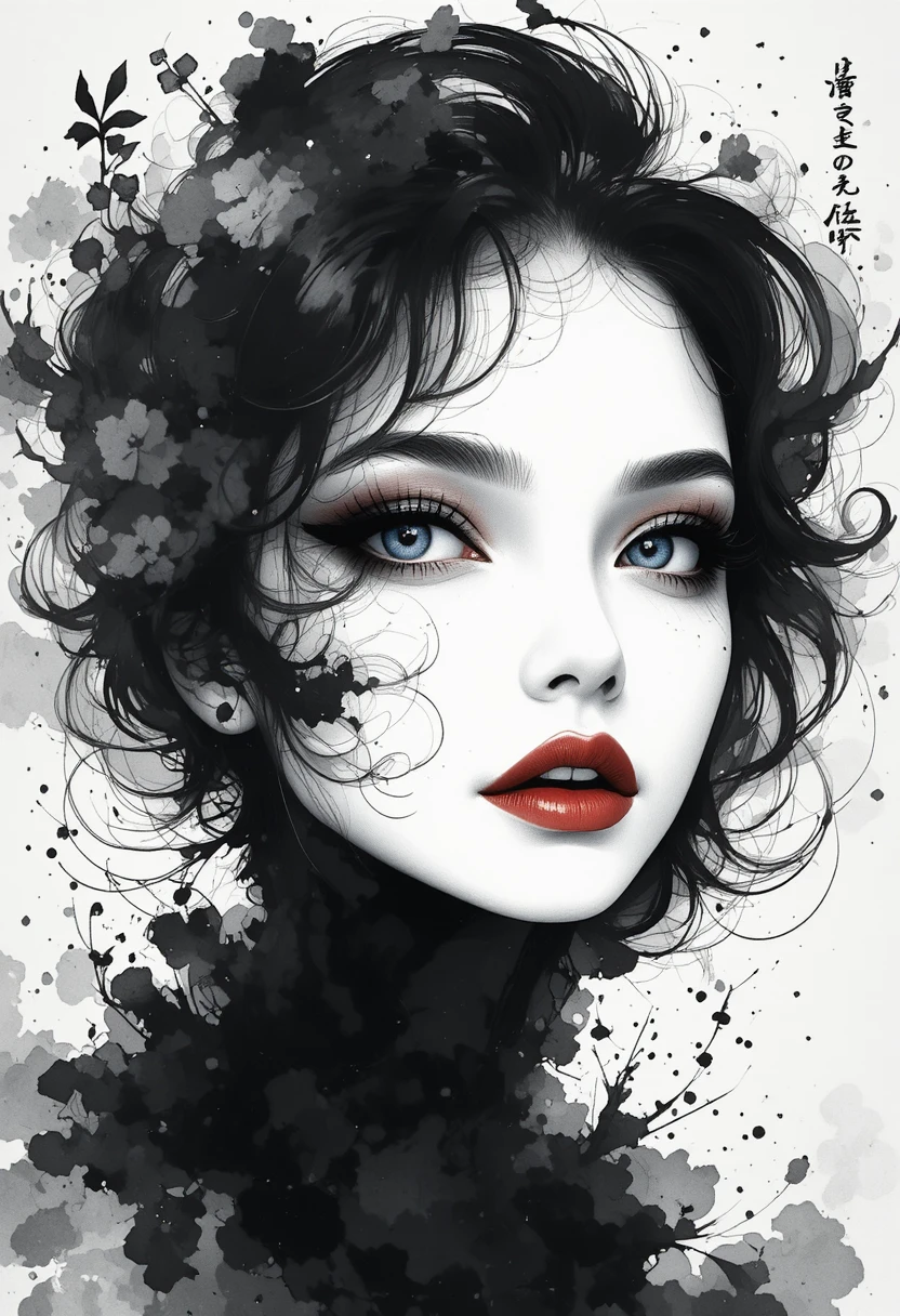 Retrato etéreo em nanquim de uma mulher com olhos azuis
